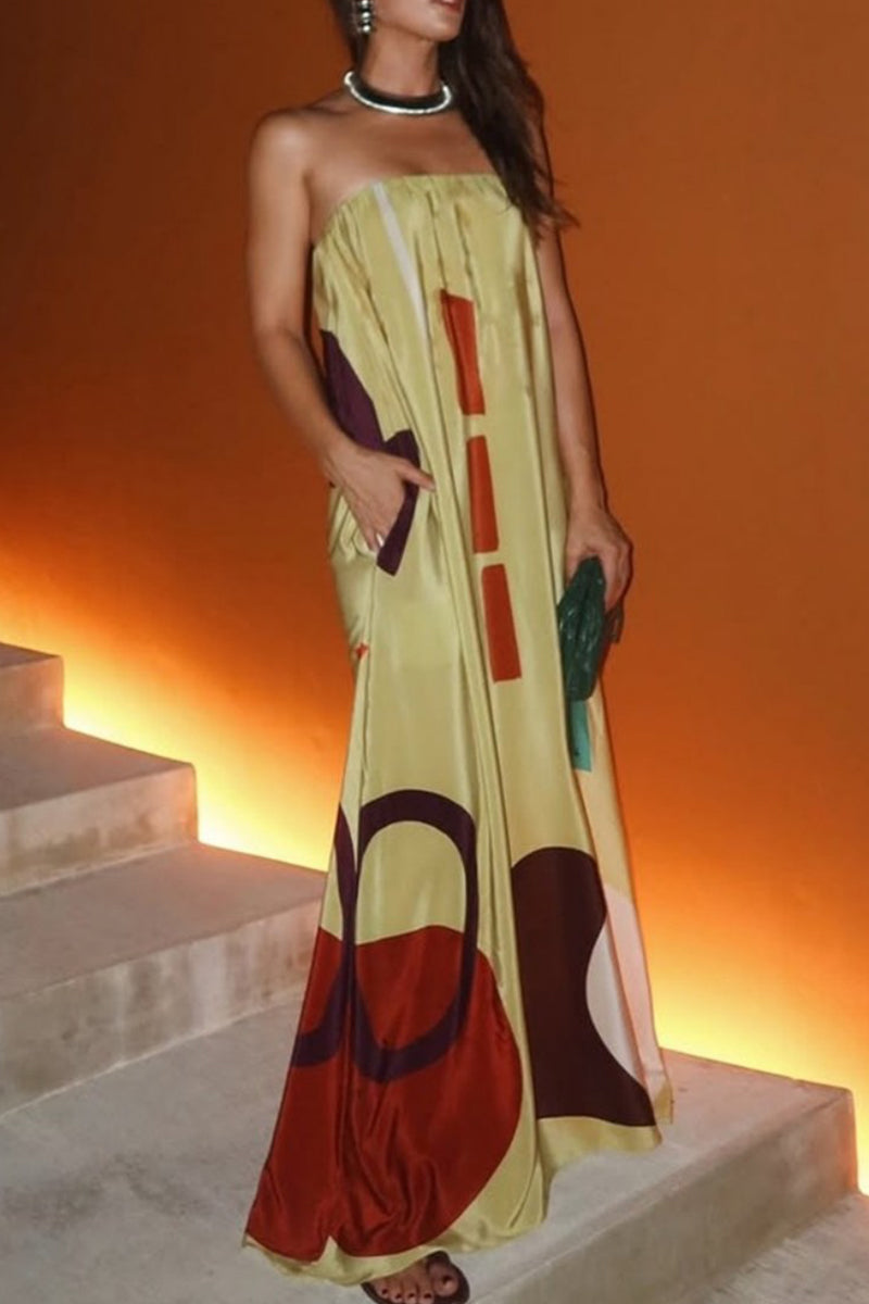 Casual Geometric Print Contrast Strapless Long Dresses