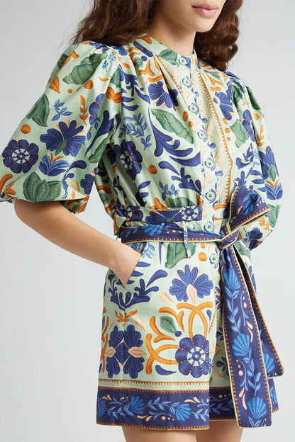 Casual Floral Print Lace Up Buttons O Neck Rompers