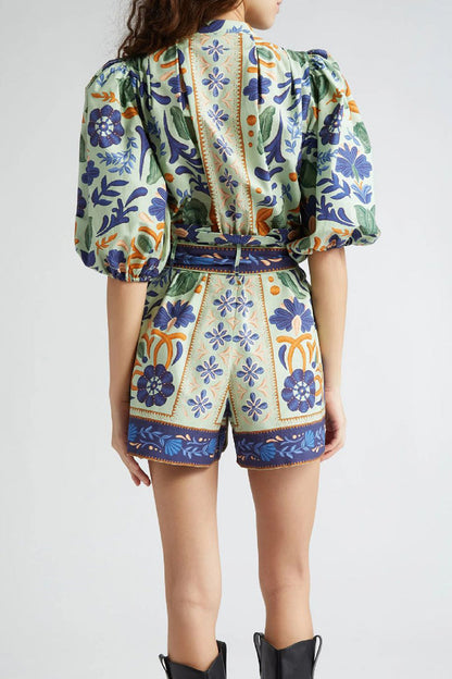 Casual Floral Print Lace Up Buttons O Neck Rompers