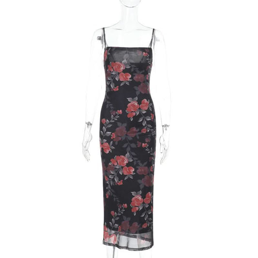 Flower print mesh cami maxi dress  | Festival Outfits Women