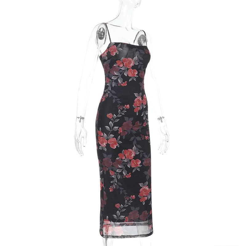 Flower print mesh cami maxi dress  | Festival Outfits Women