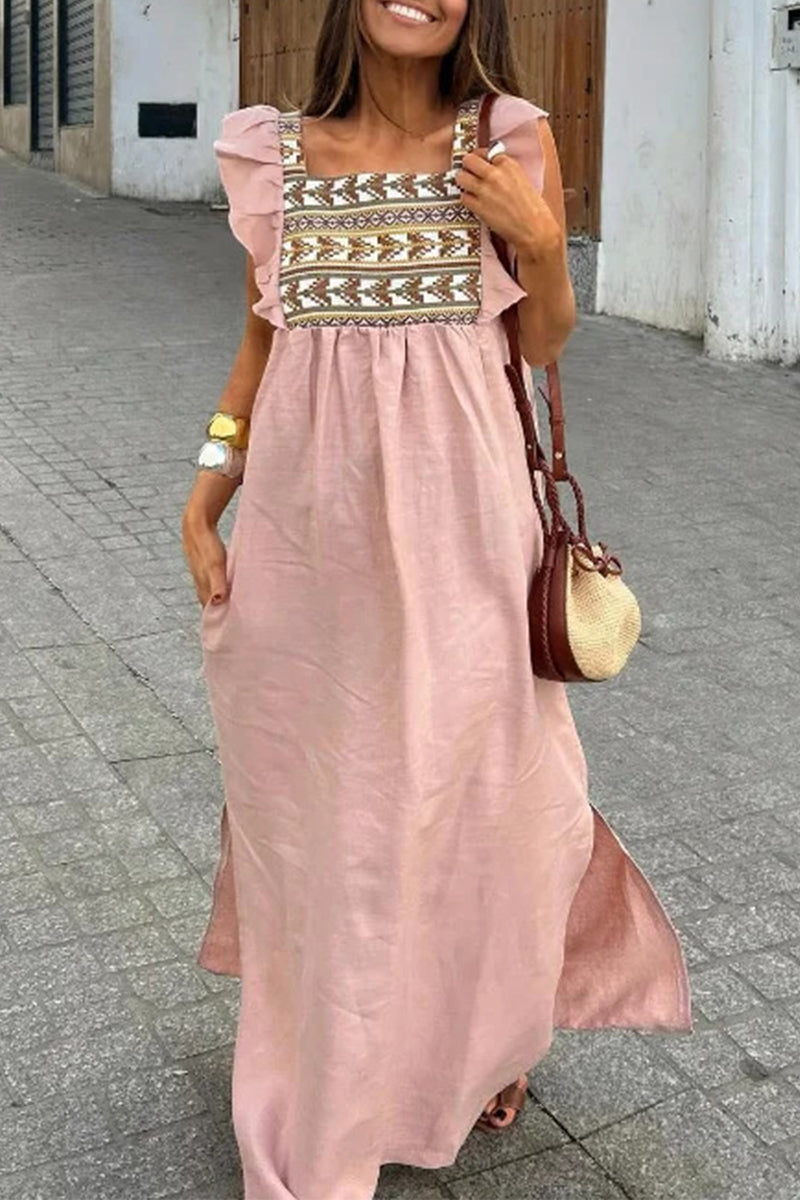 Daily Elegant Geometric Print Flounce Square Neck A Line Dresses