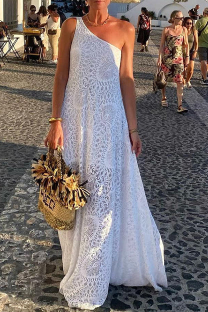 Sexy Solid Color Lace Slit Sloping Shoulder Long Dresses