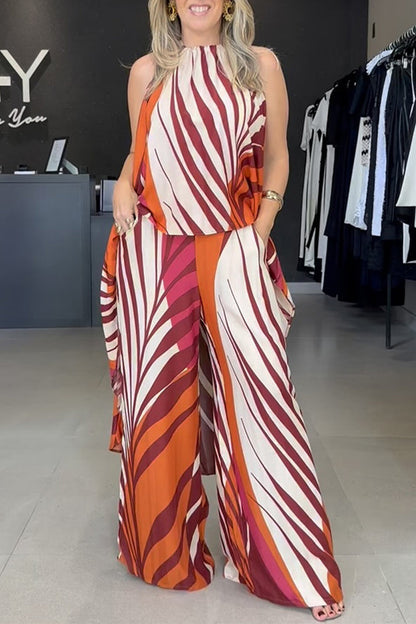 Casual Striped Print Lace Up Irregular Contrast O Neck Sleeveless Two Pieces
