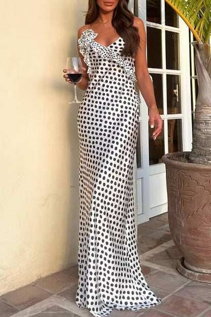 Sexy Polka Dot Backless Stringy Selvedge Contrast V Neck Long Dresses