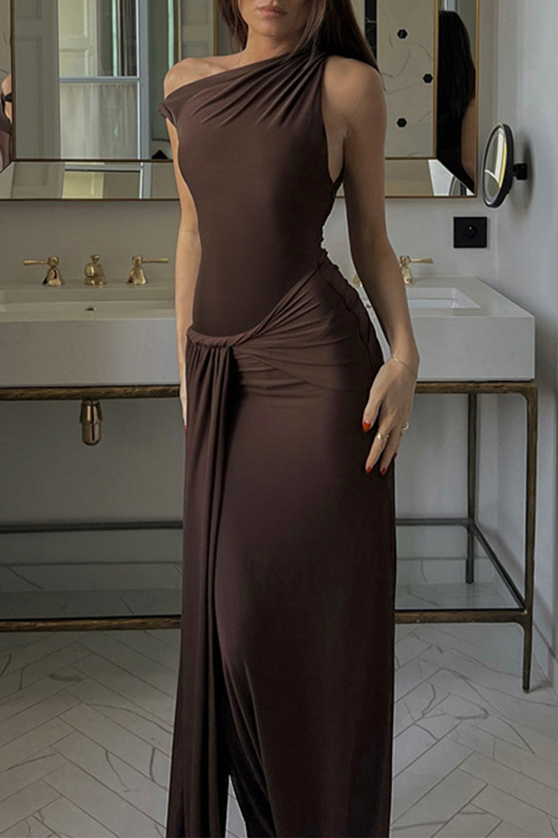 Sexy Solid Color Irregular Pleated Oblique Collar Irregular Dresses