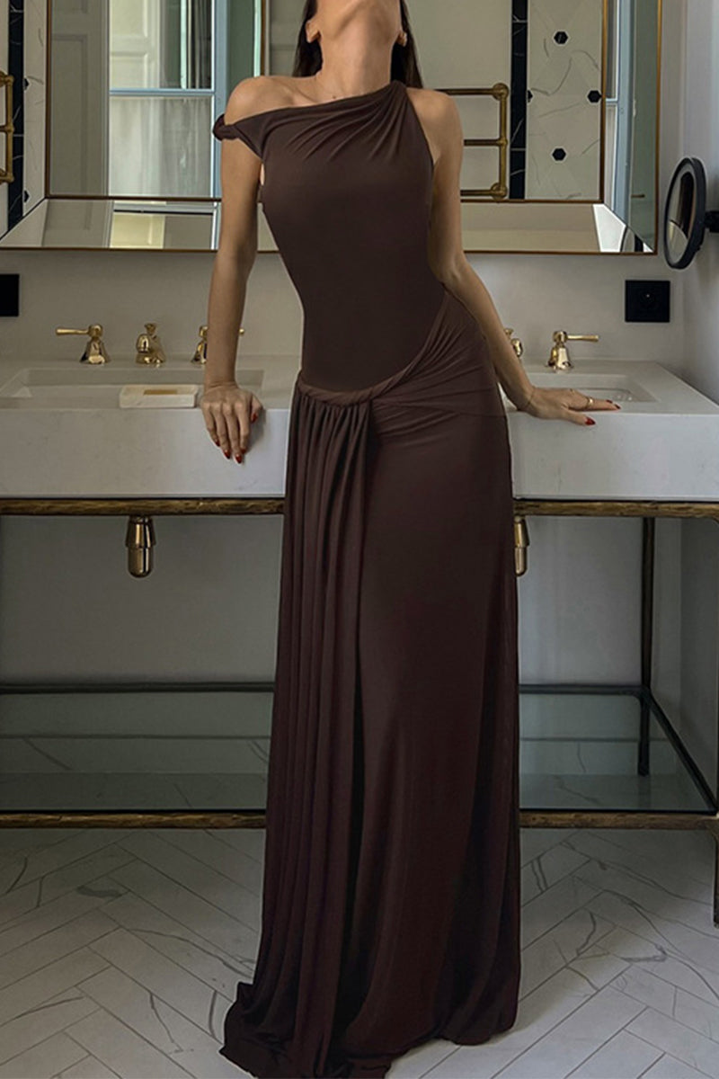 Sexy Solid Color Irregular Pleated Oblique Collar Irregular Dresses