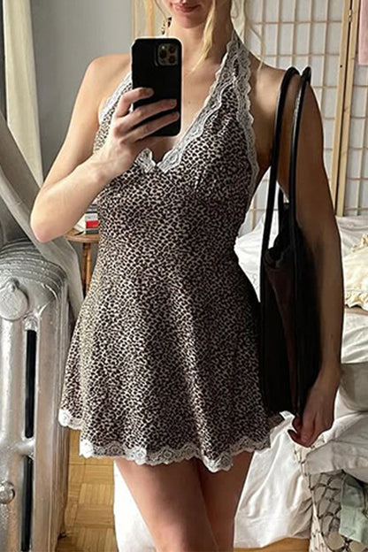 Sexy Leopard Lace Lace Up Halter Sleeveless Dresses