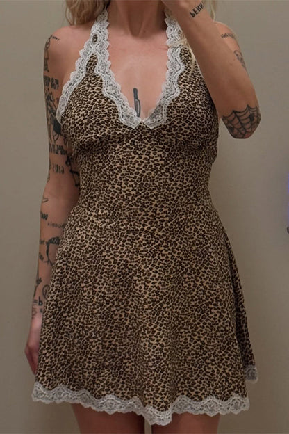 Sexy Leopard Lace Lace Up Halter Sleeveless Dresses