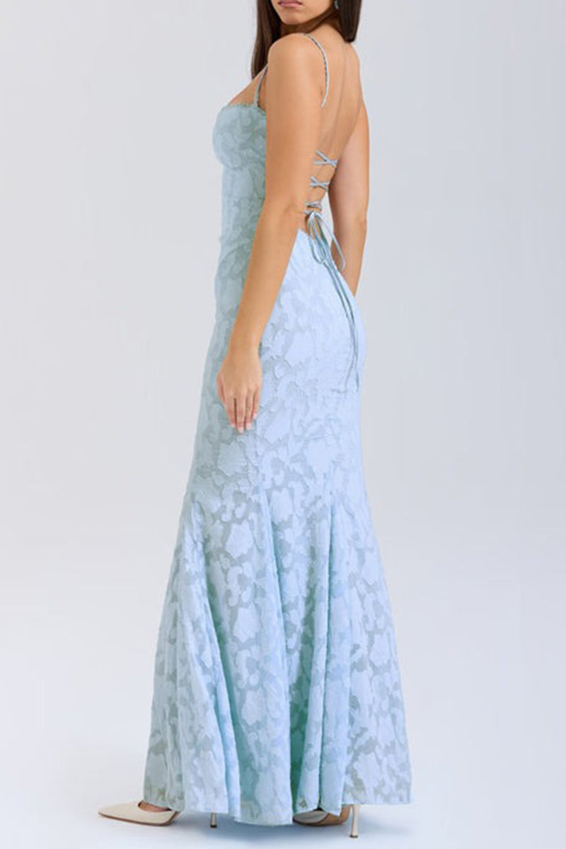 Sexy Solid Color Jacquard Lace Backless Strap Design Square Neck Fishtail Dresses