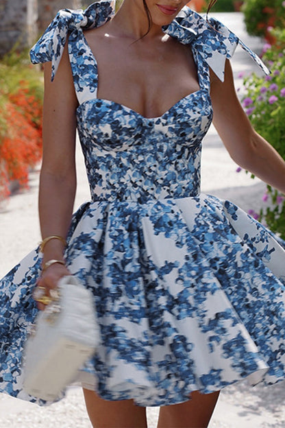 Sexy Floral Print Lace Up Contrast V Neck A Line Dresses