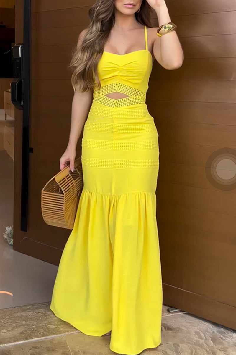 Casual Solid Color Hollow Out Slit Flounce Long Dresses