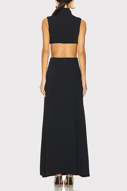 Sexy Solid Color Hollow Out Metal Accessories Trim Turtleneck Long Dresses