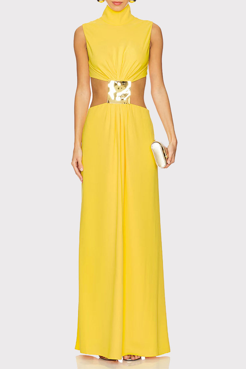 Sexy Solid Color Hollow Out Metal Accessories Trim Turtleneck Long Dresses