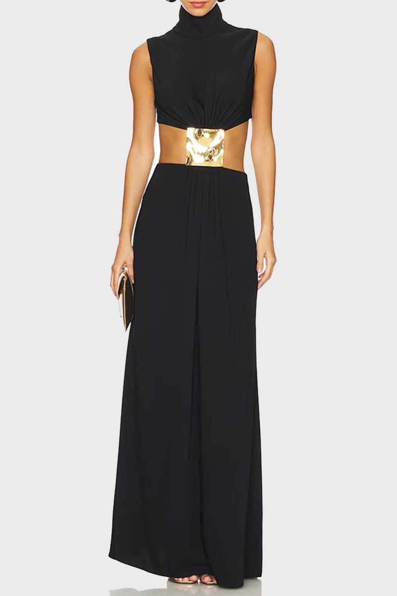 Sexy Solid Color Hollow Out Metal Accessories Trim Turtleneck Long Dresses