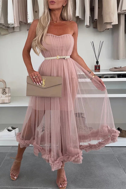 Casual Solid Color Without Belt Mesh Strapless Mesh Dresses(No belt)