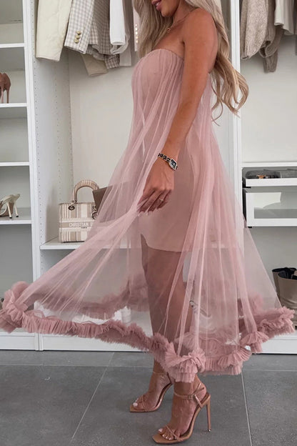 Casual Solid Color Without Belt Mesh Strapless Mesh Dresses(No belt)