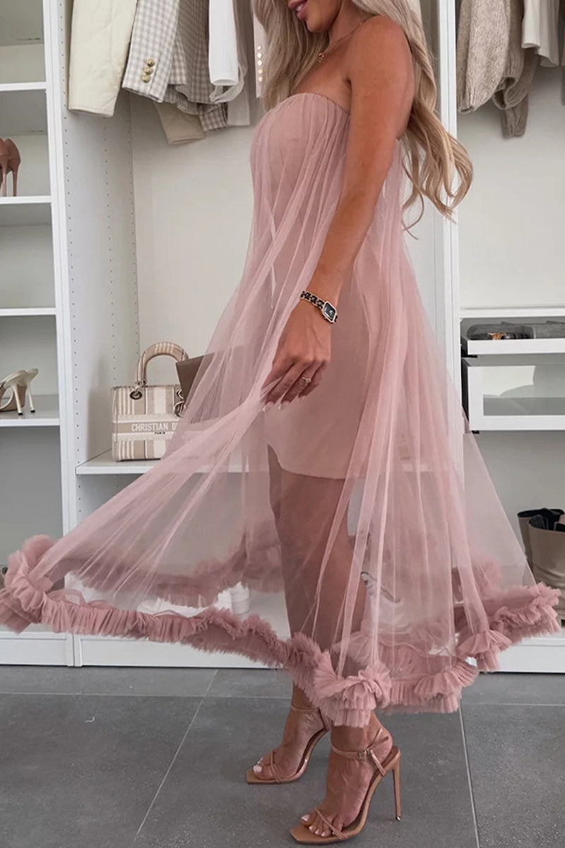 Casual Solid Color Without Belt Mesh Strapless Mesh Dresses(No belt)