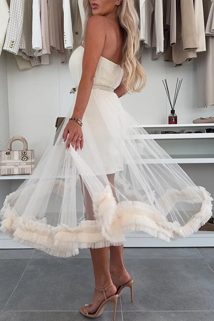 Casual Solid Color Without Belt Mesh Strapless Mesh Dresses(No belt)