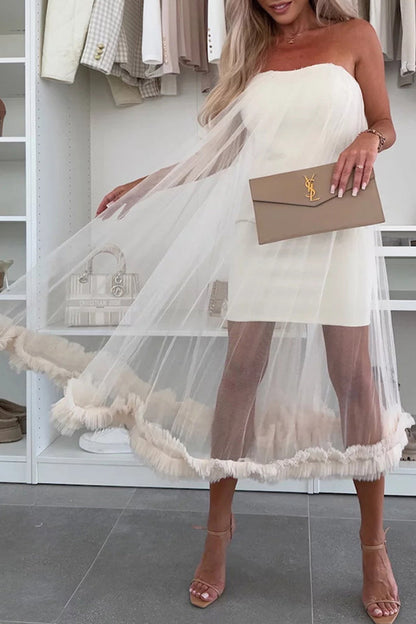 Casual Solid Color Without Belt Mesh Strapless Mesh Dresses(No belt)