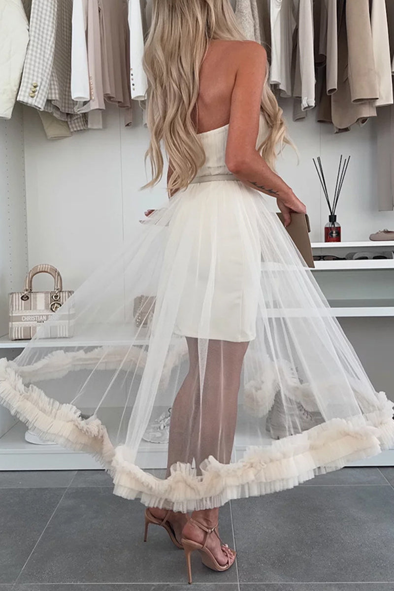 Casual Solid Color Without Belt Mesh Strapless Mesh Dresses(No belt)