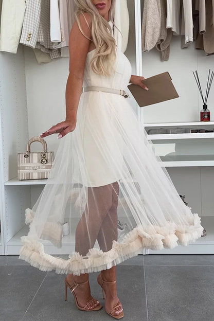 Casual Solid Color Without Belt Mesh Strapless Mesh Dresses(No belt)