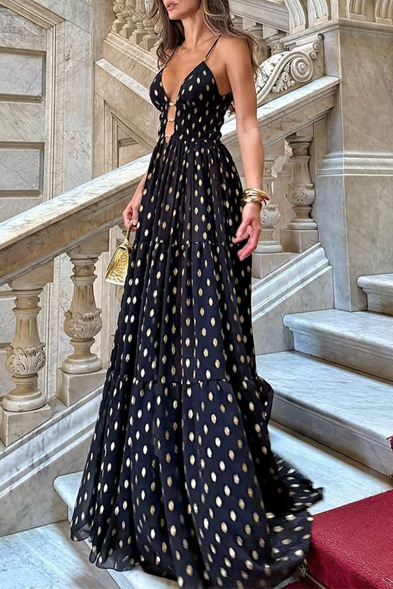 Sexy Polka Dot Contrast V Neck Long Dresses