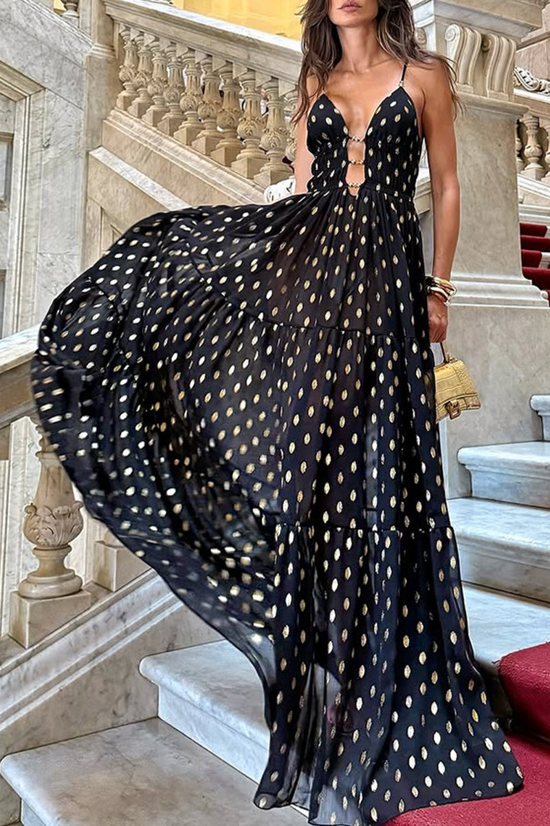 Sexy Polka Dot Contrast V Neck Long Dresses
