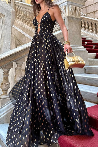 Sexy Polka Dot Contrast V Neck Long Dresses