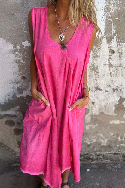 Casual Solid Color Pocket Buttons O Neck Sleeveless Dresses