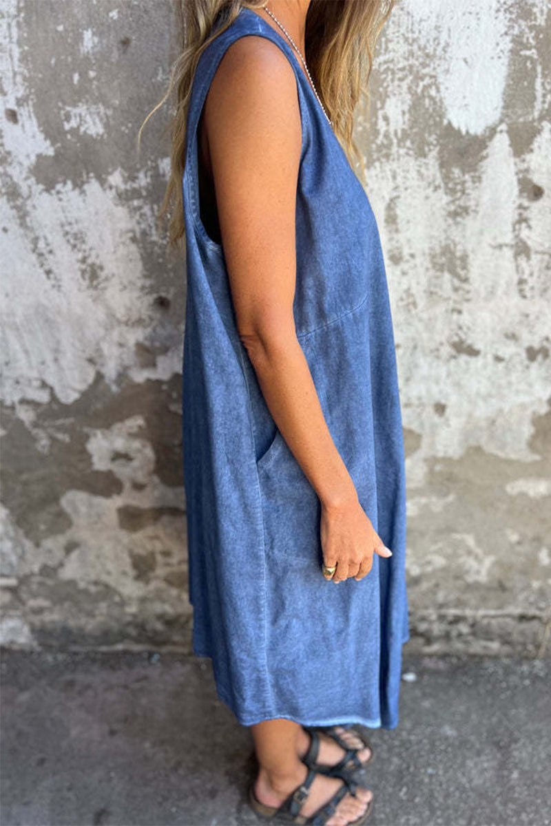 Casual Solid Color Pocket Buttons O Neck Sleeveless Dresses