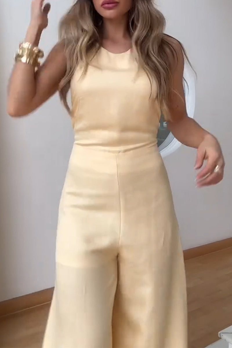 Casual Solid Color Patchwork Slit O Neck Jumpsuits