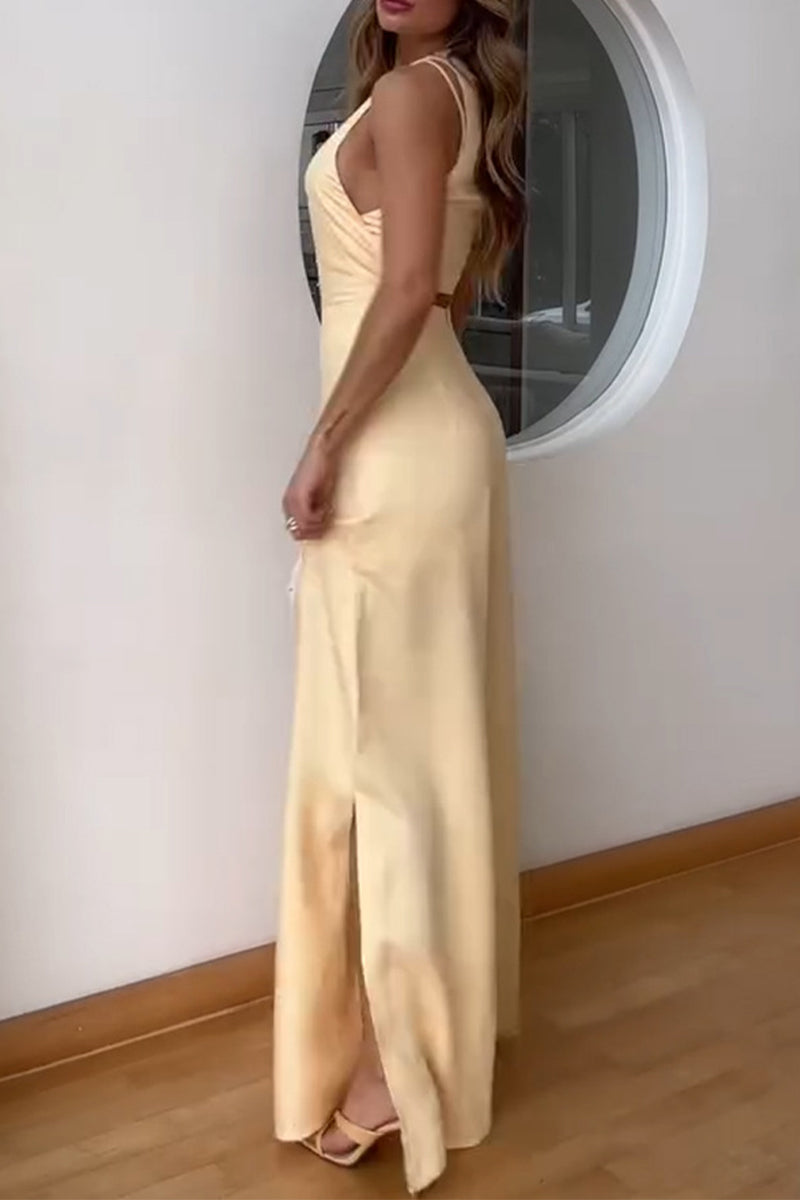 Casual Solid Color Patchwork Slit O Neck Jumpsuits