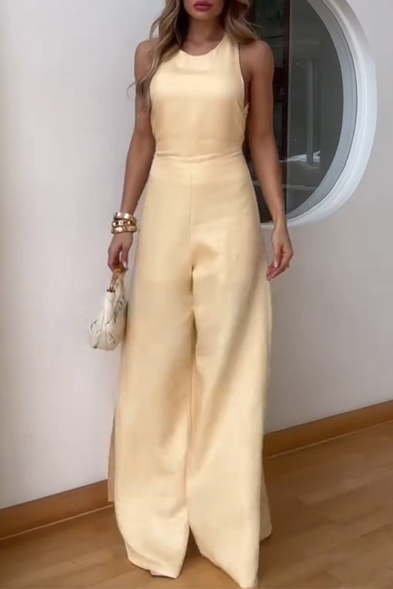 Casual Solid Color Patchwork Slit O Neck Jumpsuits