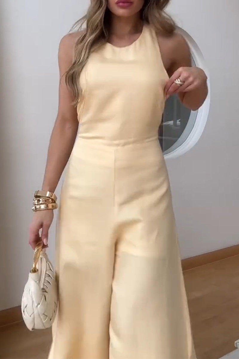 Casual Solid Color Patchwork Slit O Neck Jumpsuits