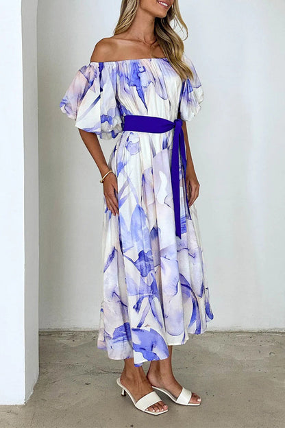 Elegant Floral Print Lace Up Off Shoulder A Line Dresses