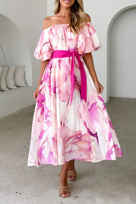 Elegant Floral Print Lace Up Off Shoulder A Line Dresses