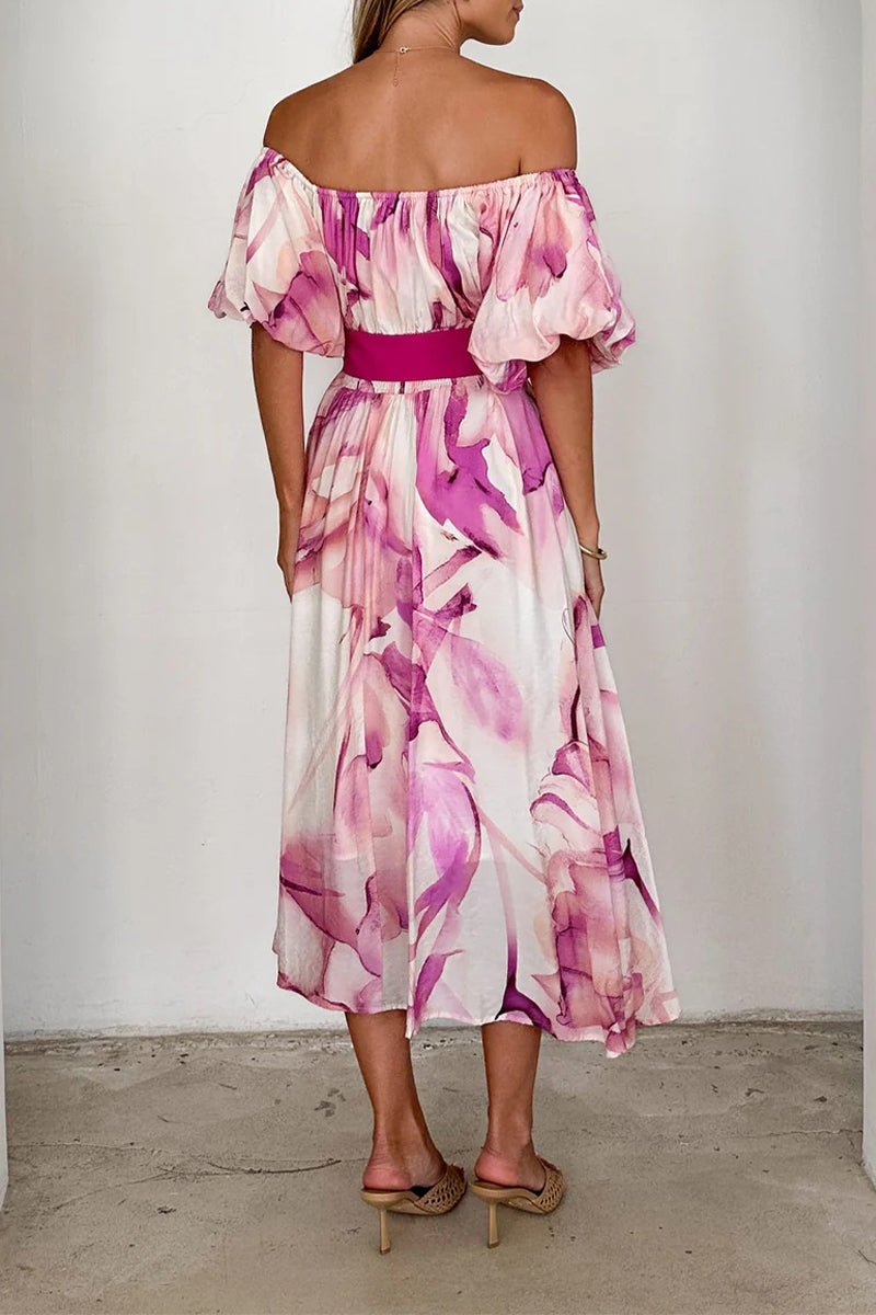 Elegant Floral Print Lace Up Off Shoulder A Line Dresses