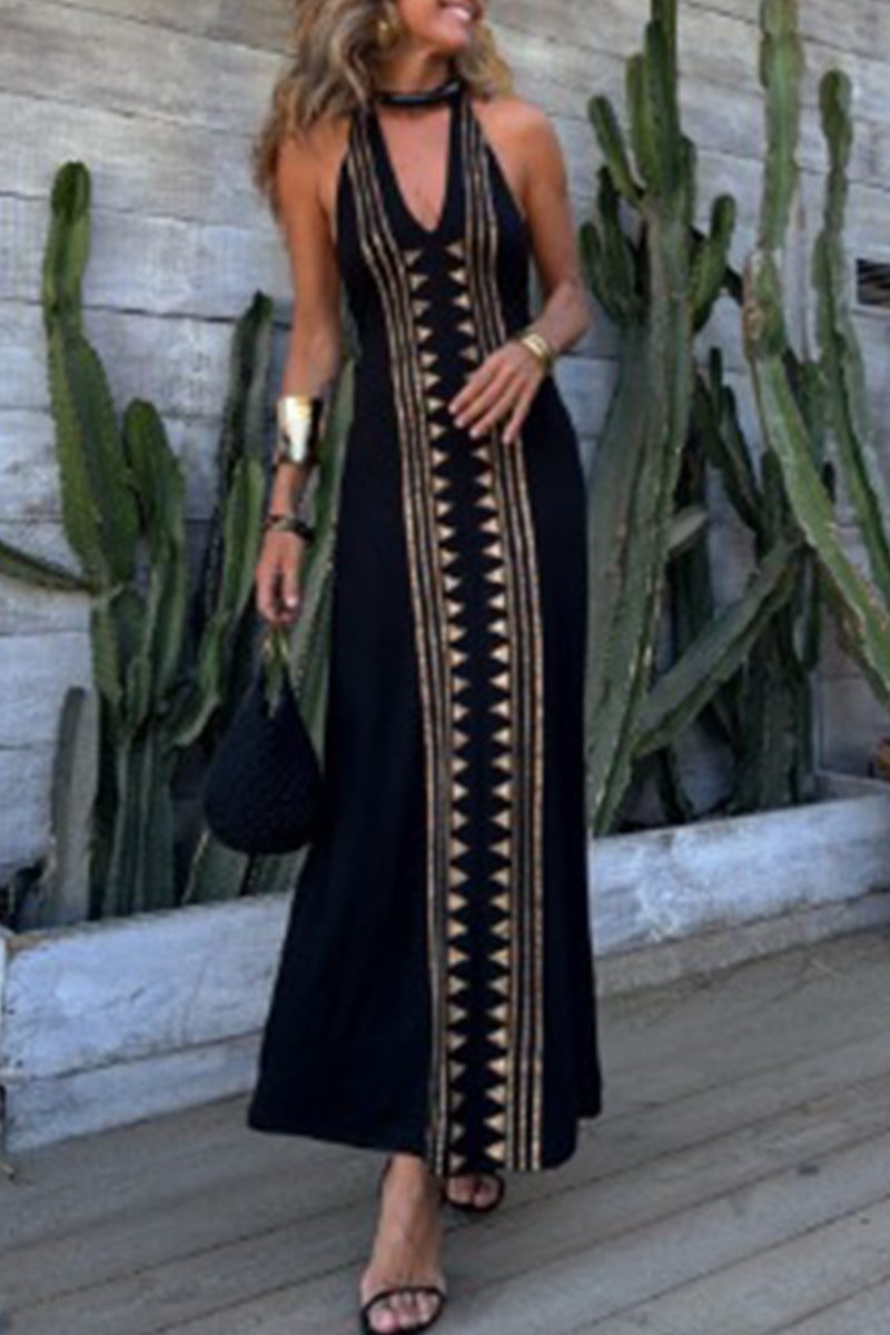 Sexy Geometric Print Backless Halter One Step Skirt Dresses