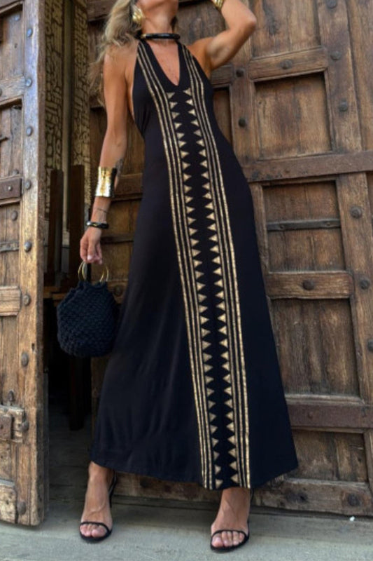 Sexy Geometric Print Backless Halter One Step Skirt Dresses