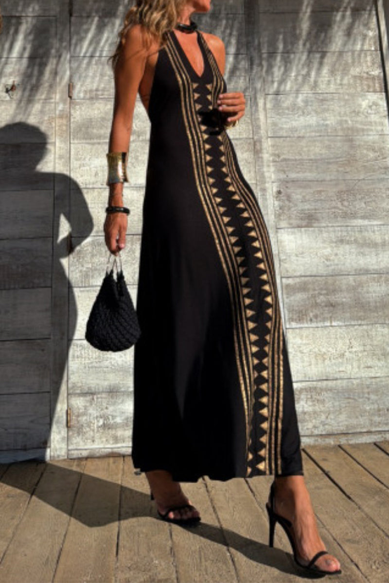 Sexy Geometric Print Backless Halter One Step Skirt Dresses