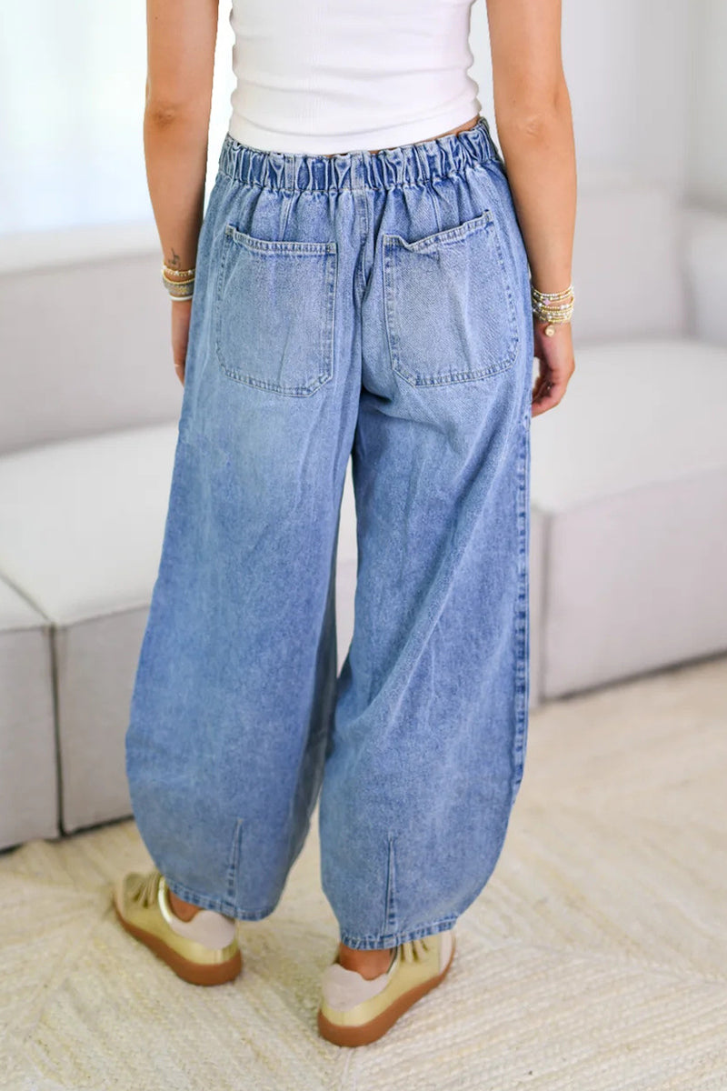 Street Solid Color Draw String Pocket Mid Waist Loose Denim Jeans