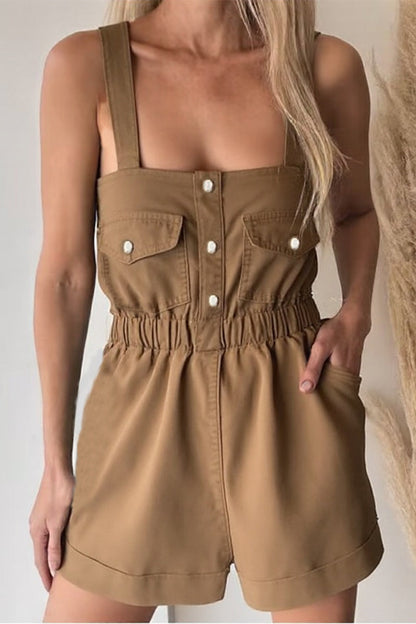 Casual Solid Color Pocket Square Neck Rompers