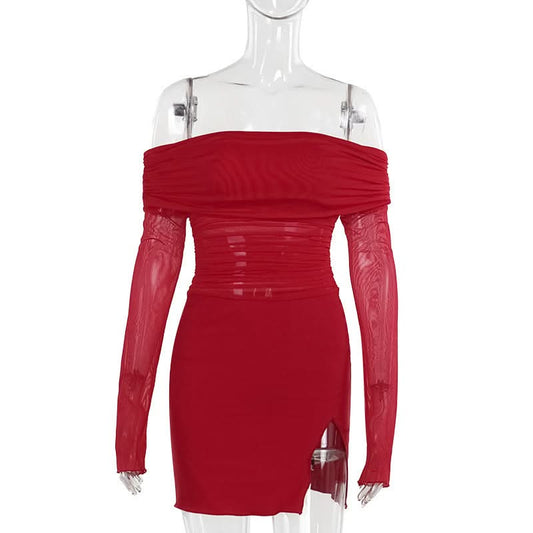 Off shoulder long sleeve slit mesh ruched mini dress  | Festival Outfits Women