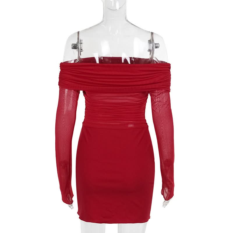 Off shoulder long sleeve slit mesh ruched mini dress  | Festival Outfits Women