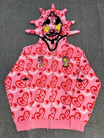 Streetwear Rhinestone Cartoon Print Zip Hoodie