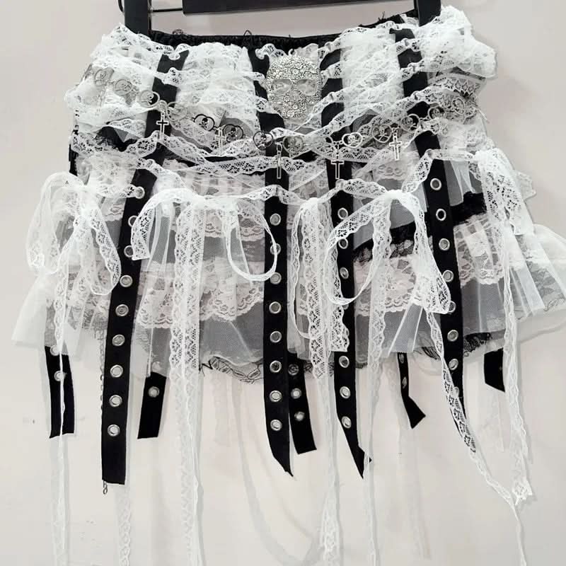 Lace tassels skull applique mini skirt  | Festival Outfits Women