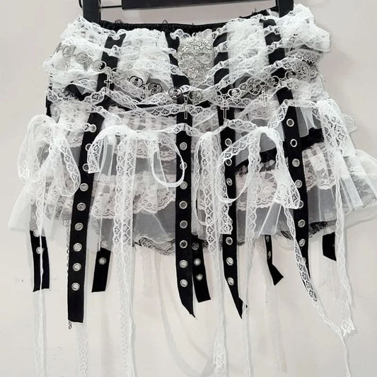 Lace tassels skull applique mini skirt  | Festival Outfits Women