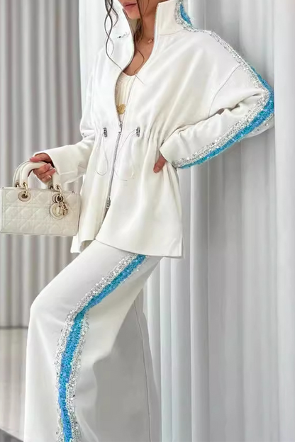 Casual Street Sequins Draw String Patchwork Zipper Mandarin Collar Long Sleeve Two Pieces(5 Colors)