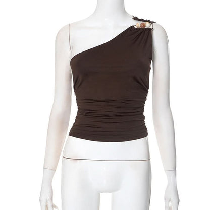 One shoulder irregular ruched beaded solid top  | Festival Outfits Women